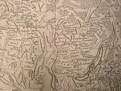 Černobílá kresba, mapa části Sibiře s červeně vyznačenými hranicemi Ilimského vojevodství