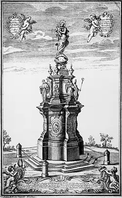 Birckhardtova rytina mariánského sousoší na Kladně, 1740