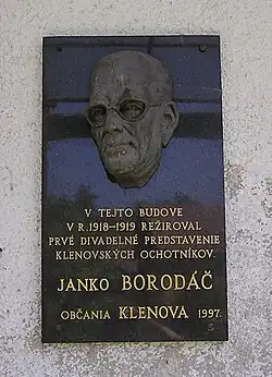 Pamětní deska Jána Borodáče v Klenově