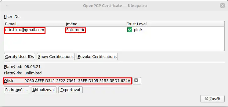 Hlavní identifikátory OpenPGP klíče