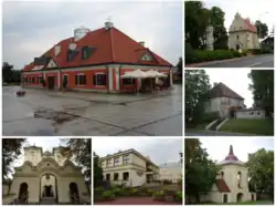 Koláž – po směru hodinových ručiček, z levého horního rohu: radnice, kostel Sv. Anny, panství Tęczyńských, zvonice, základní škola, kostel Nalezení sv. Kříže a sv. Ondřeje apoštola