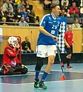 Mika Kohonen v zápase proti Švédsku na Euro Floorball Tour v roce 2018