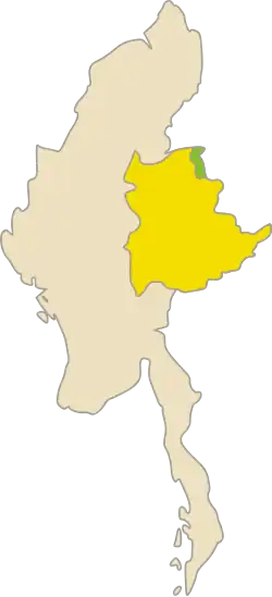 Poloha Kokangu na mapě Myanmaru (zelená), žlutě Šanský stát