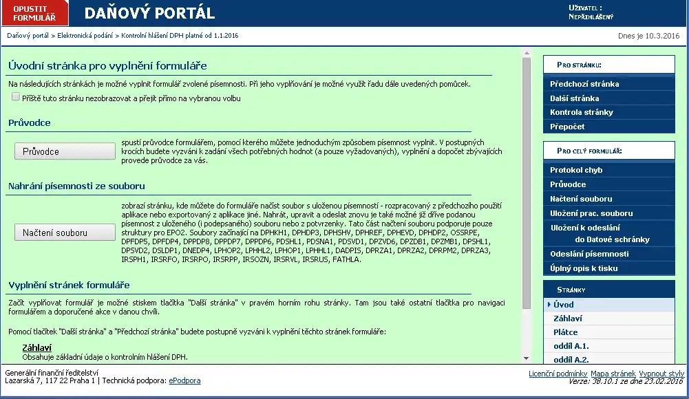 Ukázka úvodní strany formuláže kontrolního hlášeníDPH