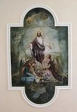 Freska znázorňuje Zmrtvýchvstání Páně, uprostřed stojí Ježíš, před ním dva adorující andělé