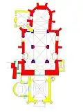 Půdorys přízemí kostela; červená: pozdně gotické zdivo, modrá: renesanční zdivo, béžová: barokní zásahy, zelená: klasicistní zdivo, žlutá: historismus a secese, světle modrá: nové zásahy