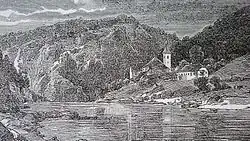 Kostel sv. Bartoloměje, fara a škola na xylografii Antonína Lewého