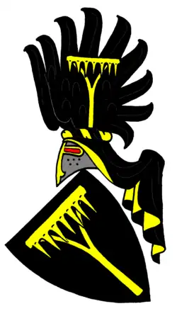 Varianta erbu Kostků z Postupic s klenotem v podobě černého křídla se zlatými hráběmi