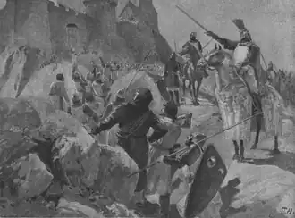 Stanislav Hudečekː Král Jan v čele zbojného lidu před Loktem roku 1319 (malba, okolo roku 1903)