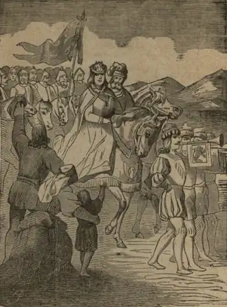 Královna Johana vede zemskou hotovost do boje s Matyášem v srpnu 1470 (Prostonárodní obrázky z dějin národu českoslovanského, 1864)