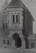 Kresba Josefa Štrambery z roku 1822. Budova má ještě původní renesanční štíty