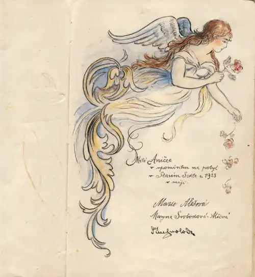 Obrázek nakreslila pro svou druhostupňovou sestřenici – Mikuleckého maminku – Alšova dcera Maryna Svobodová-Alšová, sestřenice dědy Václava Klause.[p 7]