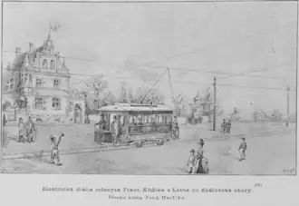 Vzhled projektované Křižíkovy tramvaje na Letné, otištěný v časopise Zlatá Praha v červenci 1890 (kreslil Ferdinand Herčík)