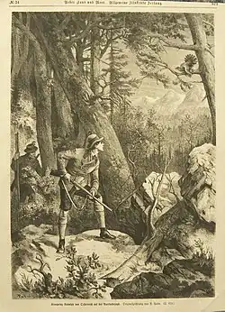 Korunní princ Rudolf (1858-1889), patron dolnorakouského, hornorakouského a štýrského zemského spolku na ochranu honby, vyobrazen při lovu na tetřeva