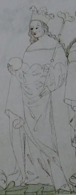 Miniatura ženy s dlouhými vlasy a korunou na hlavě. Žena je oděna do královského roucha a drží královské žezlo a jablko.