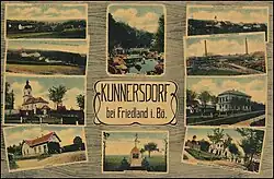 Černobílá pohlednice s rozmístěnými deseti snímky objektů z Kunratic.