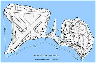 Mapa ostrova Roi-Namur s vyznačenými japonskými pozicemi