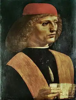 Leonardo da Vinci, Portrét hudebníka vytvořený roku 1485 (milánská Pinacoteca Ambrosiana). Mezi mnoha domněnkami ohledně identity zpodobněného muže se kromě Franchina Gaffuria uvažovalo také o jménech Josquina des Prez nebo Atalante Migliorottiho, hráče na lira da braccio a Leonardova žáka a přítele