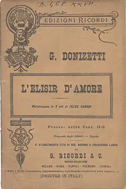 Nápoj lásky – titulní strana italského vydání partitury