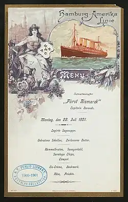 Jídelní lístek (pevné pořadí jídel bez cen), zaoceánská plavba, 1901