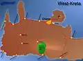 Mapka západní Kréty, národní park vyznačen zeleně