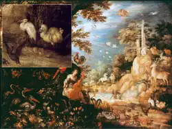 Na barevném obrazu scenérie s rybníčkem a okolními zarostlými stráněmi plnými zvířat je výřez se zvětšeným pravým spodním rohem obrazu, kde sedí mimo jiné bílý dronte