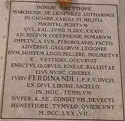 Náhrobní deska Leopolda hraběte z Lignéville (Léopold-Marc de Ligniville), vévodská kaple San Liborio (Cappella Ducale di San Liborio) v Colornu