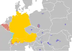 Rozšíření němčiny po roce 1950 (žlutě)