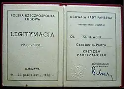 Legitimace potvrzující udělení Partyzánského kříže
