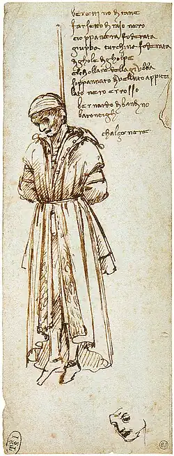 Perokresba na papíře, čelní pohled na tělo muže visího za provaz na krku. Je oděn v plášti, ruce spoutané za zády, na hlavě čepec. Na papíře jsou kromě toho ještě řádky rukopisu a nepropracovaný náčrt tváře vpravo dole, který zřejmě nesouvisí s oběšencem.