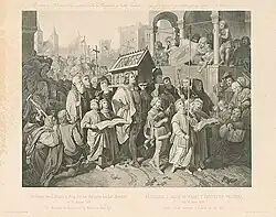 Josef Matyáš Trenkwald (předloha), Leopold Schmidt (rytina): Příchod Břetislava I. do Prahy s relikviemi sv. Vojtěcha (rytina 1857)