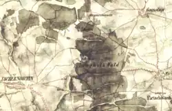 Liběvice na mapě z poloviny 19. století (uprostřed v oblasti lesa Langholz Wald mezi Černošínem a Kozolupy)