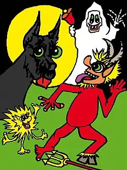 Čert a pes, ilustrace k pohádce „Cikánka od Jambora“ v knize pohádek Libuše Pamětnické Strašidla ze Zálesí