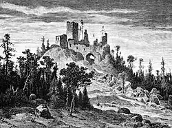 Kopec s hradem na historické kresbě