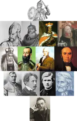 Nahoře: Mindaugas Druhá řada od shora:Gediminas, Kęstutis, Vytautas, Jogaila. Uprostřed: Barbora Radvilaitė, Mikalojus Radvila Juodasis, Laurynas Gucevičius, Simonas Daukantas Druhá řada od spoda:Motiejus Valančius, Mikalojus Konstantinas Čiurlionis, Antanas Baranauskas, Vydūnas. Dole:Jonas Basanavičius.