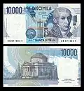 10000 lir - rub a líc bankovky vydané v roce 1984