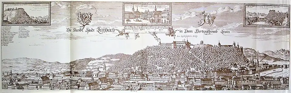 Veduta – panoramatický malovaný pohled z dálky na město na kopci a pod kopcem