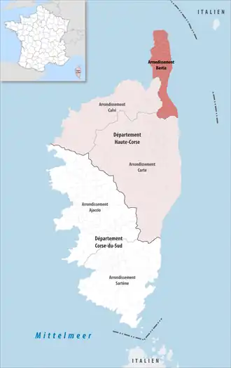 Arrondissement Bastia na mapě departementu Haute-Corse