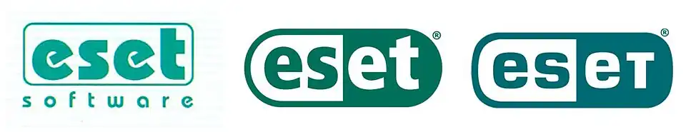 Vývoj loga ESET v čase: Podoba z roku 1992, roku 2001 a z roku 2002.