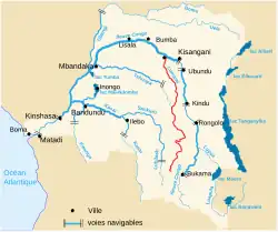 Mapa s červeně vyznačeným tokem řeky