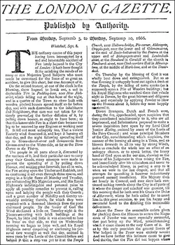 The London Gazette: reprodukce titulní strany čísla z 3. - 10. září 1666, informující o velkém požáru Londýna