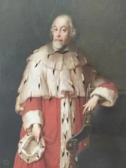 Lothar von Metternich s insigniemi říšského knížete a trevírského arcibiskupa (stylizovaný portrét z 19. století, sbírky zámku Kynžvart)