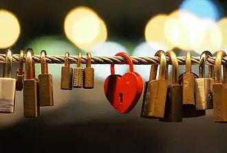 Řada zavěšených zamčených zámků na řetězu, uprostřed červený zámek ve tvaru srdce