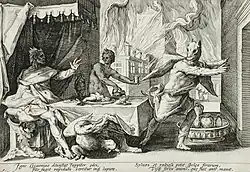 Zeus proměňuje Lykaóna ve vlka, rytinu zhotovil Hendrik Goltzius