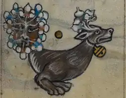 Dvouhlavé monstrum (Maastrichtská Kniha hodinek, 1300–1325, BL Stowe MS17 fol 039r)