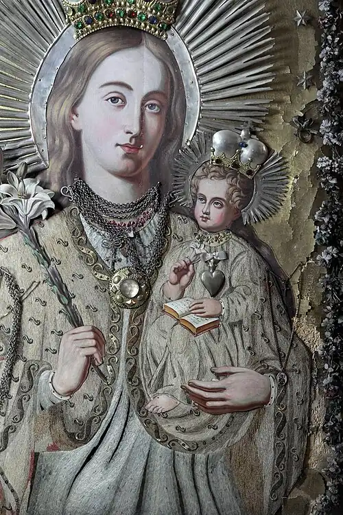 Obraz v podobě z 19. století s tehdejšími aplikacemi, detail.