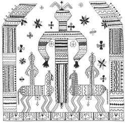 Vzor na severoruské výšivce z 19. století, B. Rybakovem interpretovaný jako zpodobnění Mokoš[1]