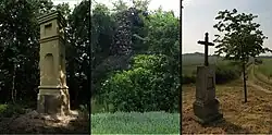 Malé Číčovice, podstavec sochy sv.Salvátora, umělá jeskyně sv.Františka, kříž.jpg