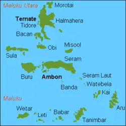Mapka Moluckých ostrovů (bez okolí), ostrov Misool mezi ně obvykle není řazen.