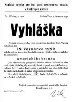 Vyhláška o boji proti „americkému brouku“ z 19. července 1952 v Karlových Varech